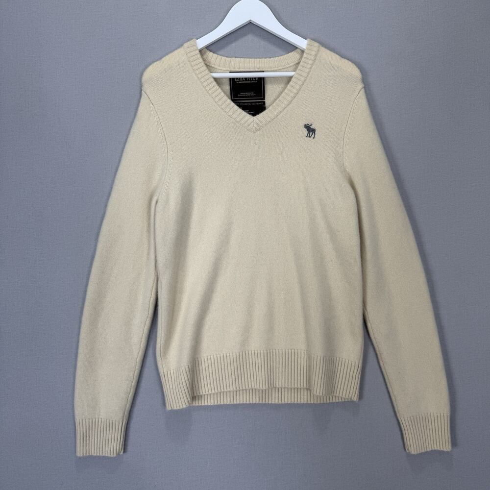 Vintage Ezra‎ Fitch Abercrombie & Fitch Cashmere V-Neck Sweater Mens L Cream Y2K